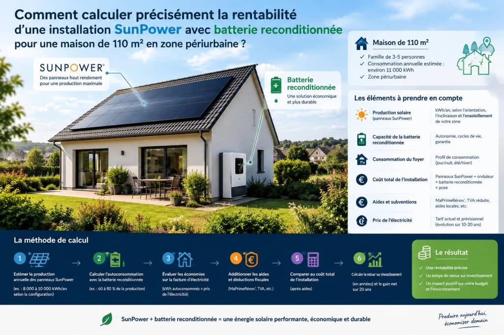 Comment calculer précisément la rentabilité d'une installation sunpower avec batterie reconditionnée pour une maison de 110 m² en zone périurbaine