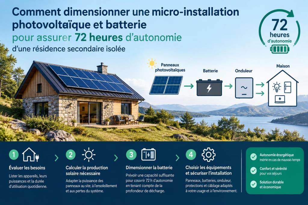 Comment dimensionner une micro‑installation photovoltaïque et batterie pour assurer 72 heures d'autonomie d'une résidence secondaire isolée