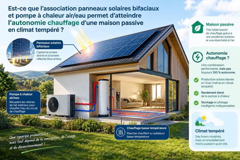 Est‑ce que l'association panneaux solaires bifaciaux et pompe à chaleur air/eau permet d'atteindre l'autonomie chauffage d'une maison passive en climat tempéré